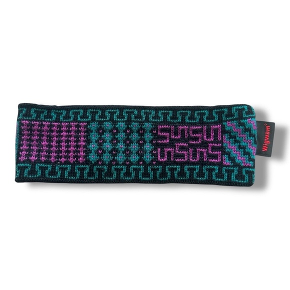 Vintage 90s Wigwam Knit Black and Green Purple Patterned Headband Ski - Picture 1 of 11